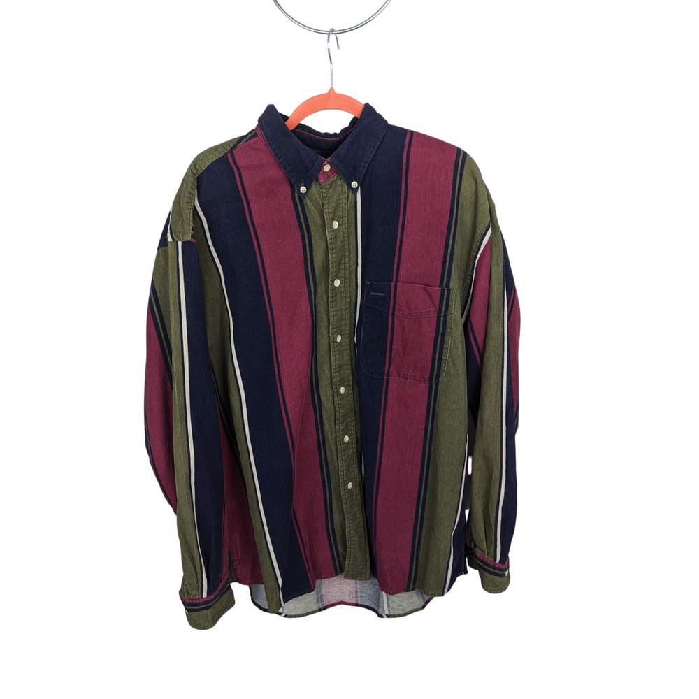 Vintage Eddie Bauer Mens XL Corduroy Striped Long Sleeve Button Down Shirt Green
